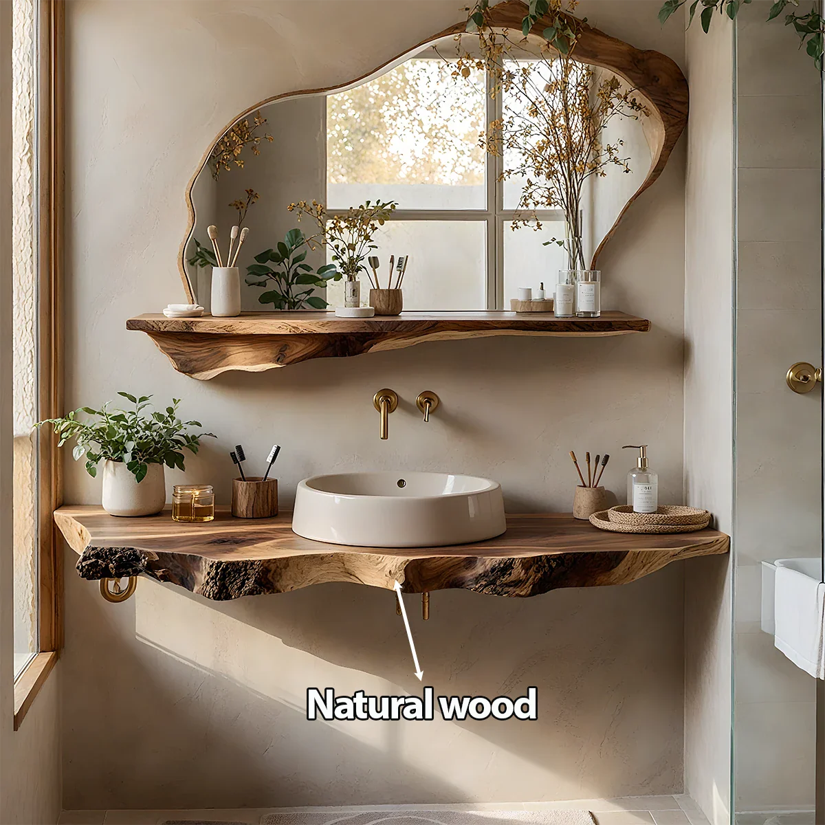 Live Edge Floating Wood Bathroom Vanity with Mirror Shelf - Rustira