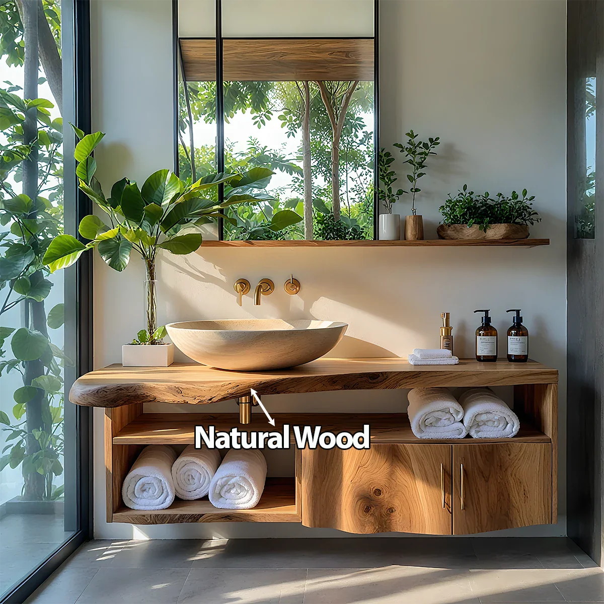 Live Edge Floating Wood Vanity – Asymmetrical Japandi Spa Sink Console - Rustira