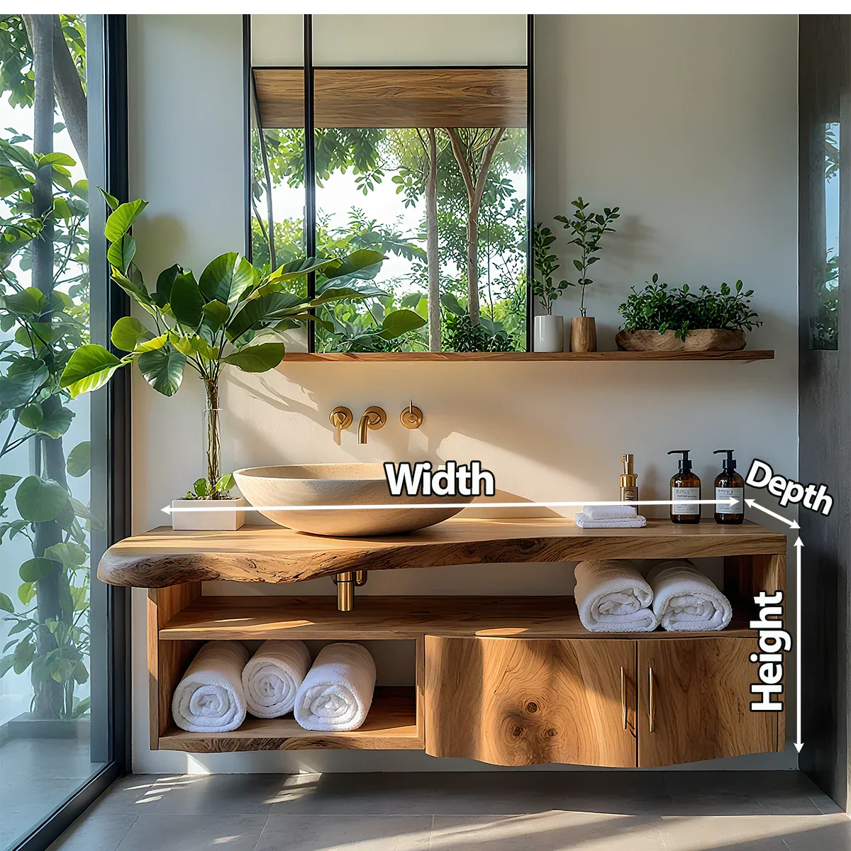 Live Edge Floating Wood Vanity – Asymmetrical Japandi Spa Sink Console - Rustira