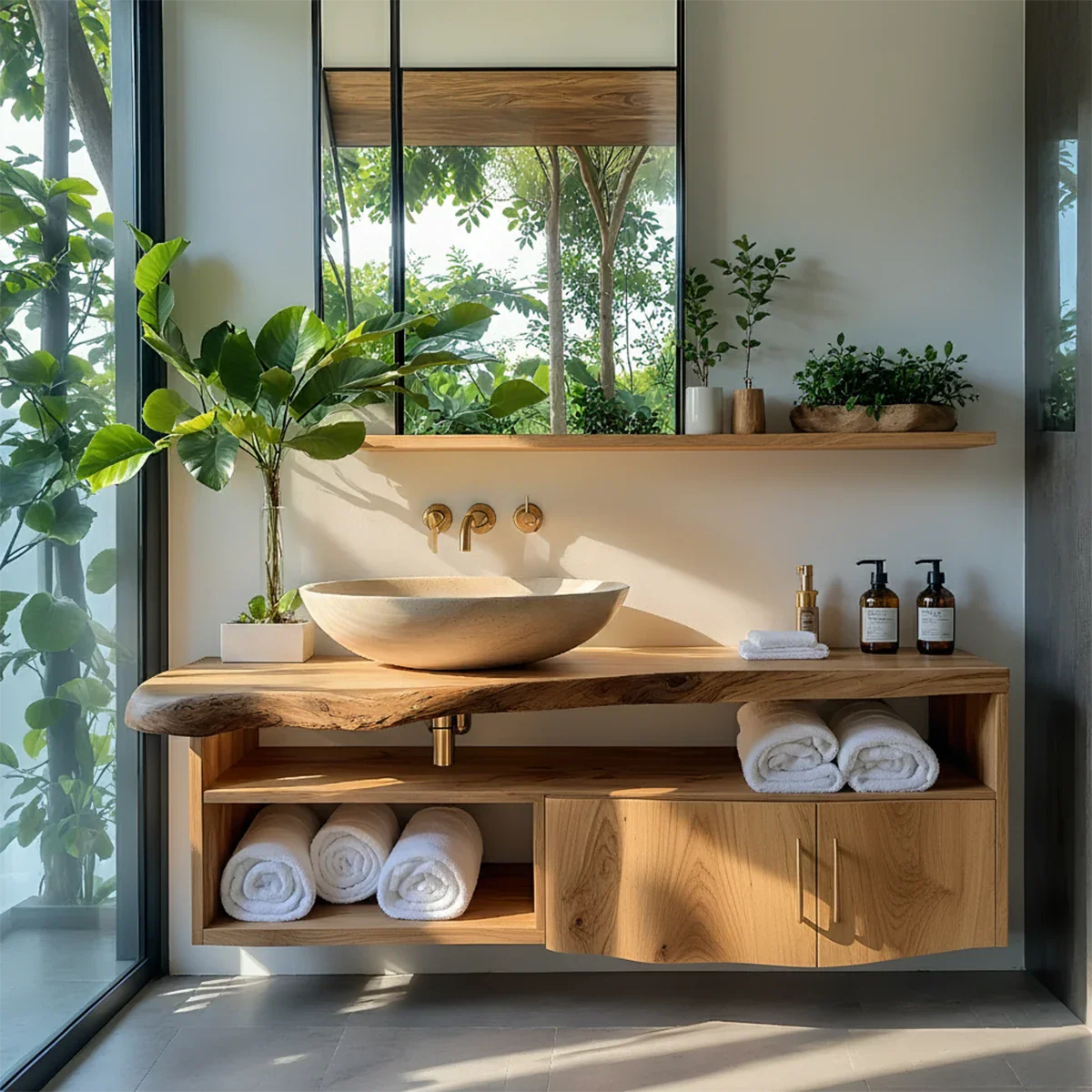 Live Edge Floating Wood Vanity – Asymmetrical Japandi Spa Sink Console - Rustira