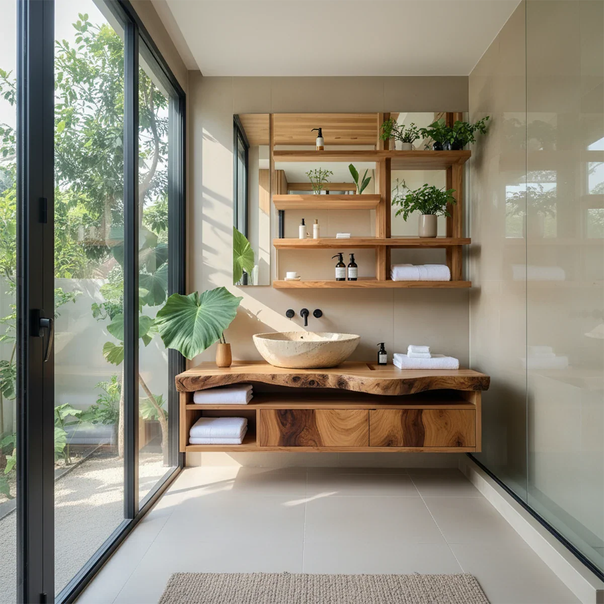 Live Edge Floating Wood Vanity with Shelves – Japandi Spa Sink Console - Rustira