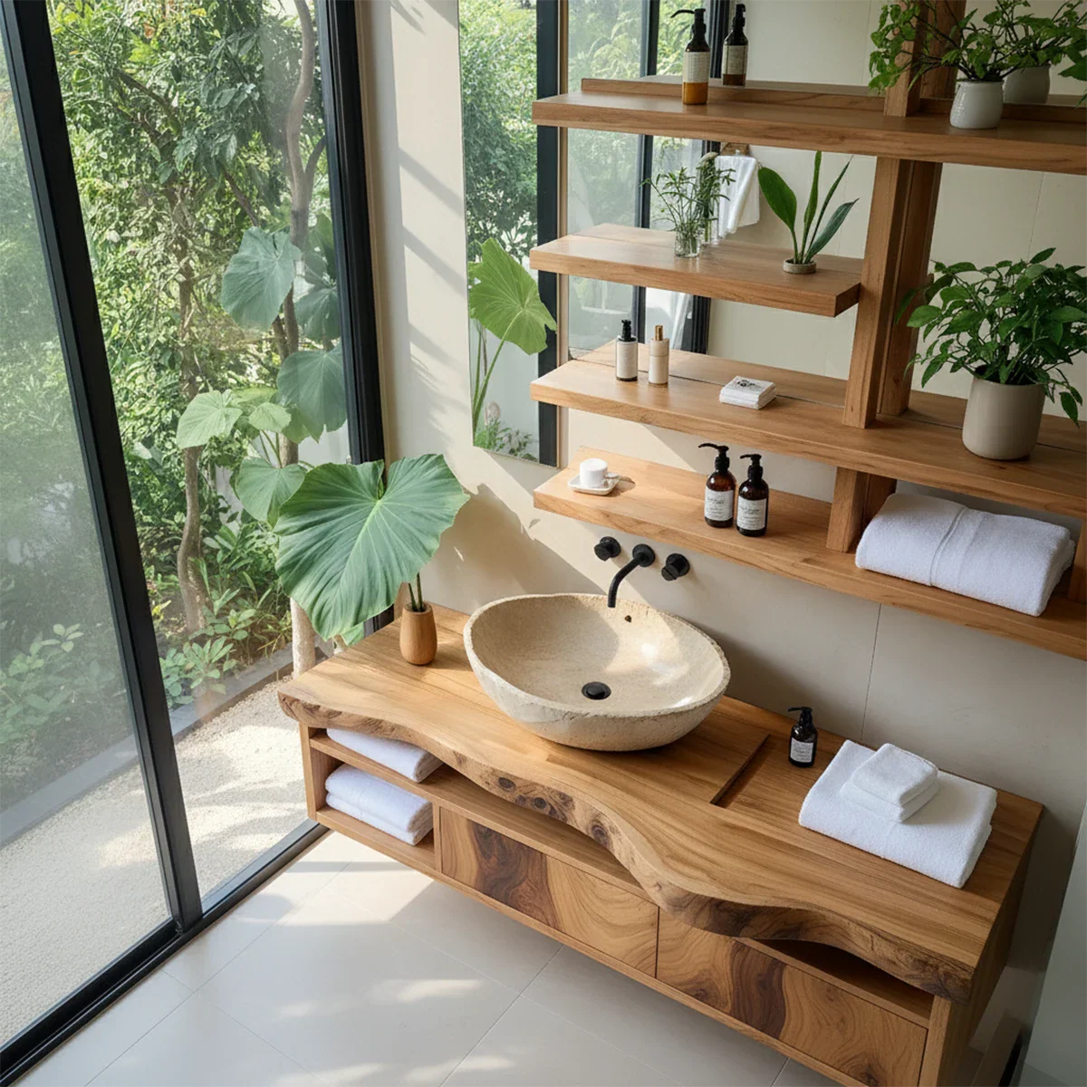 Live Edge Floating Wood Vanity with Shelves – Japandi Spa Sink Console - Rustira