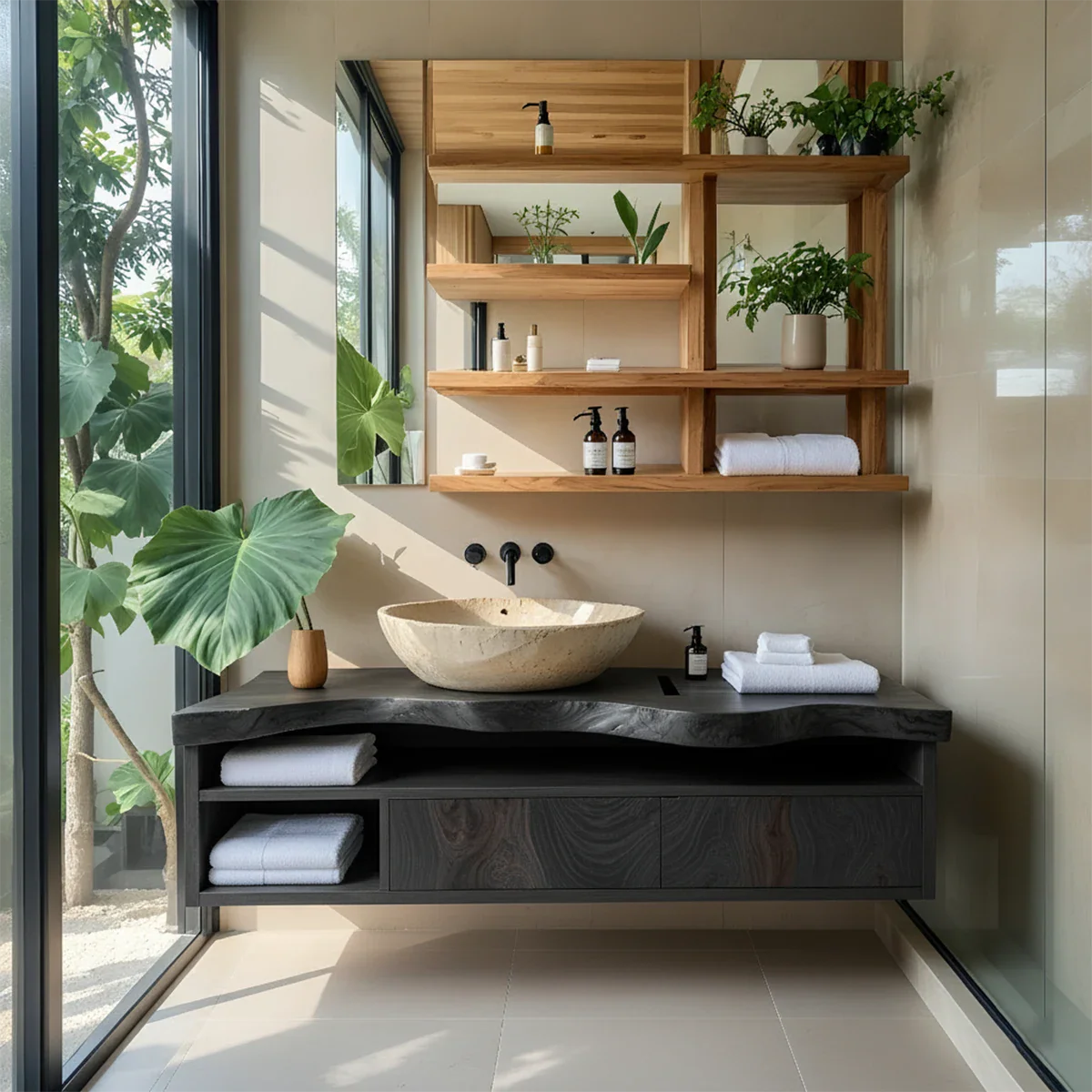 Live Edge Floating Wood Vanity with Shelves – Japandi Spa Sink Console - Rustira