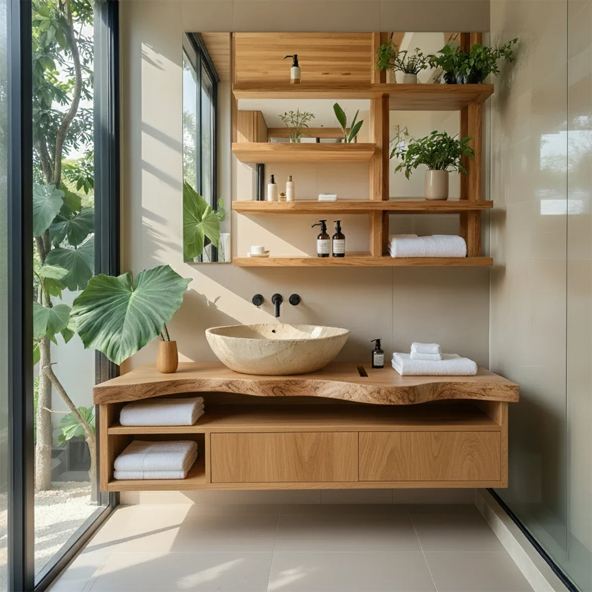 Live Edge Floating Wood Vanity with Shelves – Japandi Spa Sink Console - Rustira