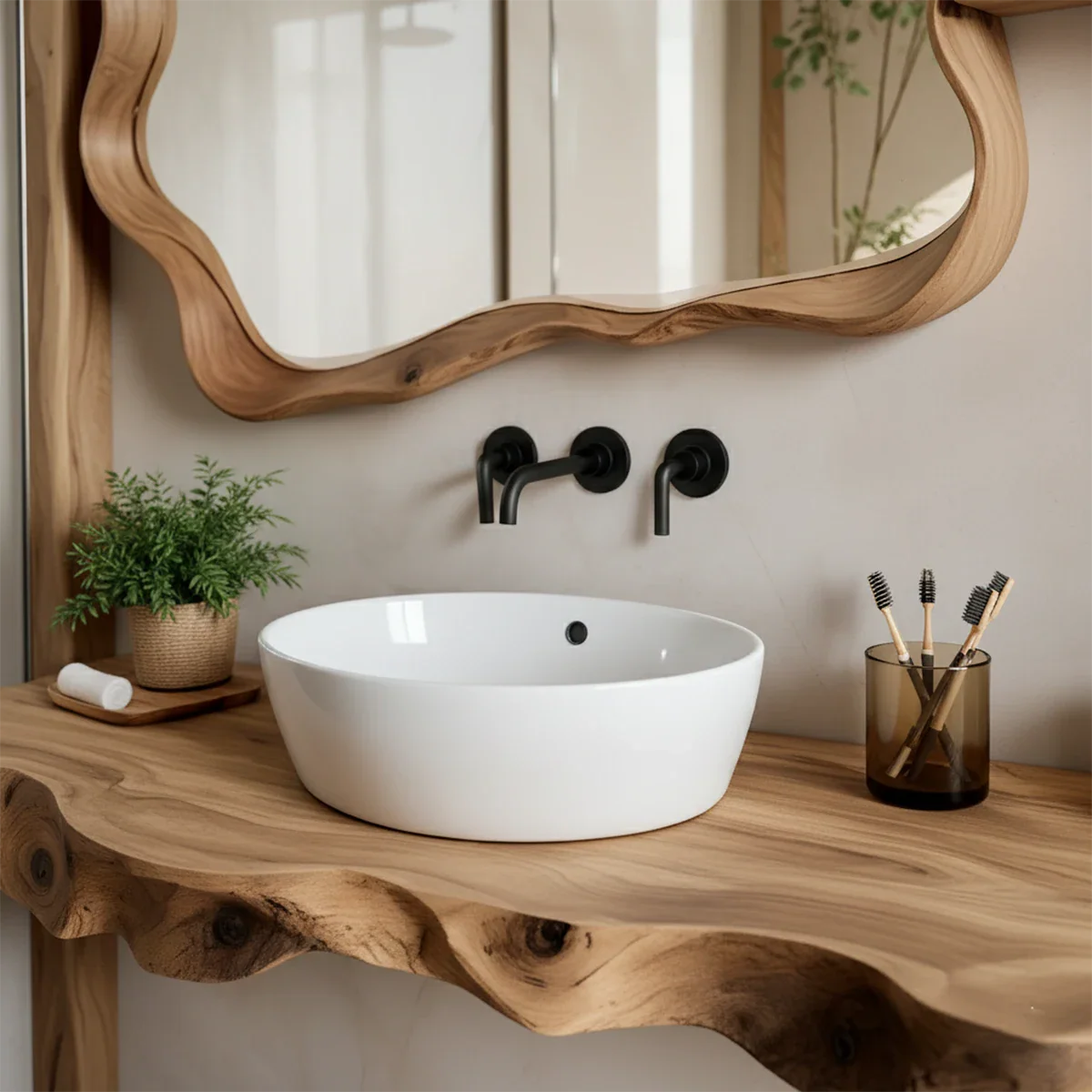 Live Edge Floating Wood Bathroom Vanity with Organic Mirror Frame - Rustira