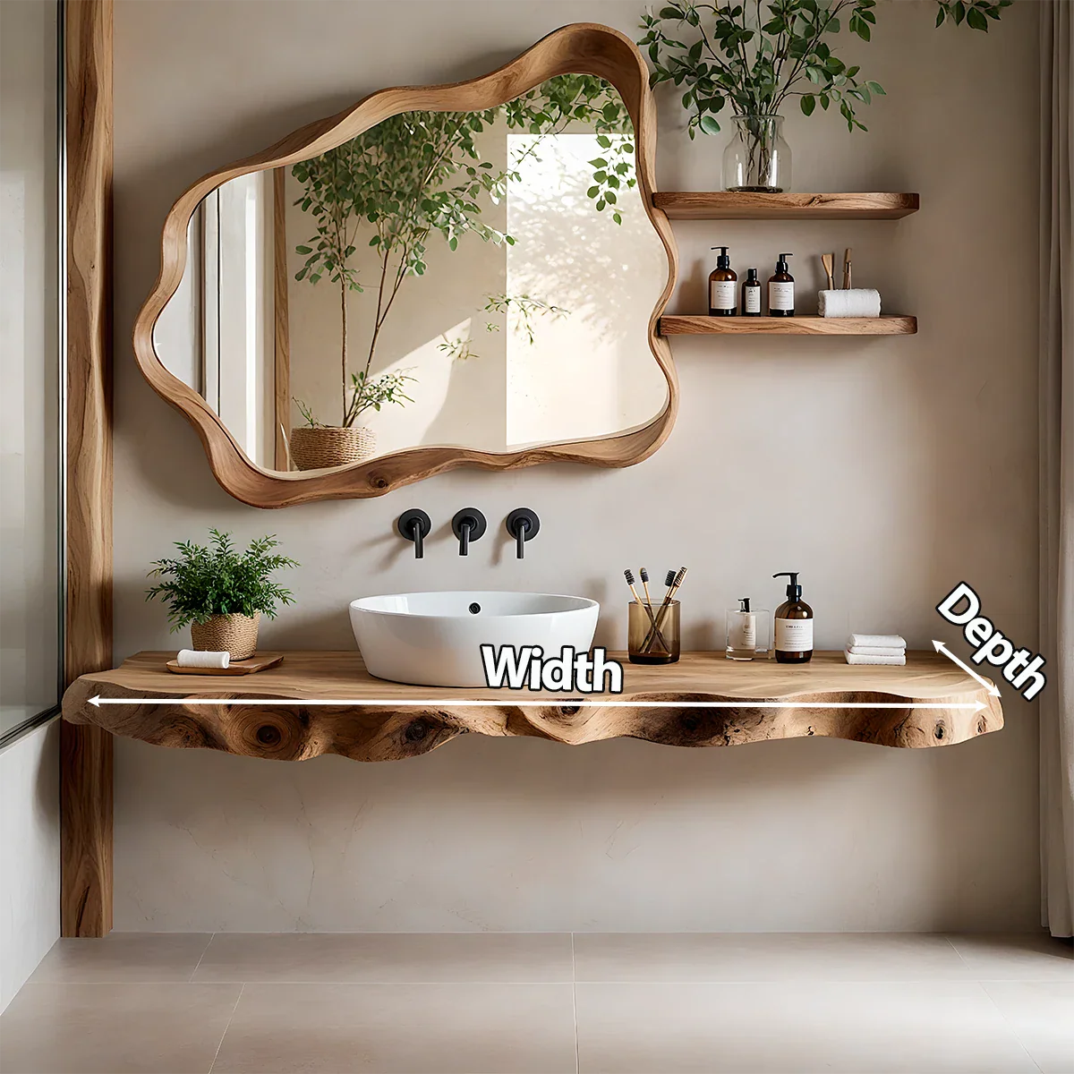 Live Edge Floating Wood Bathroom Vanity with Organic Mirror Frame - Rustira
