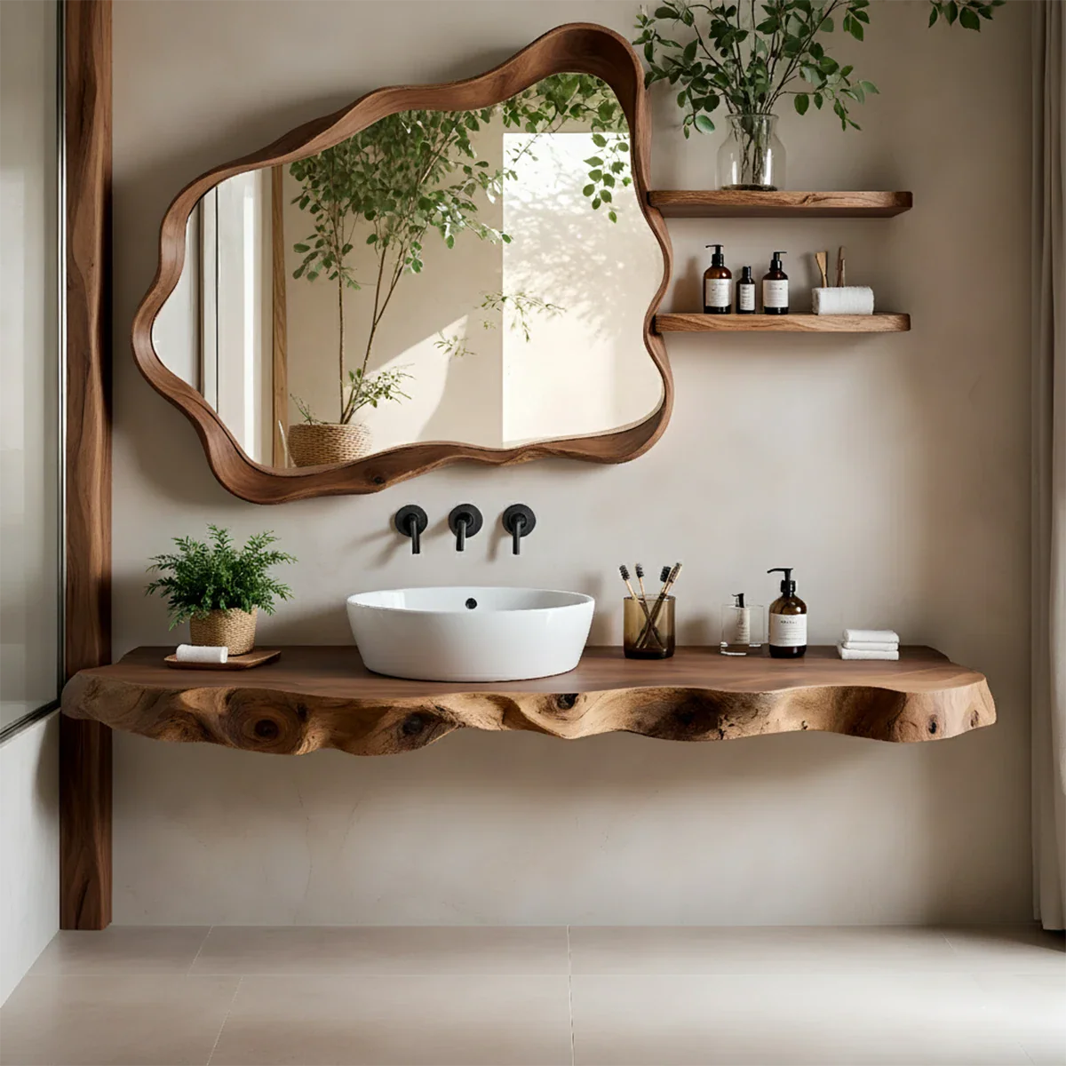 Live Edge Floating Wood Bathroom Vanity with Organic Mirror Frame - Rustira
