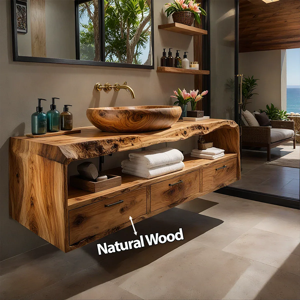 Live Edge Natural Solid Wood Floating Bathroom Vanity - Rustirawood