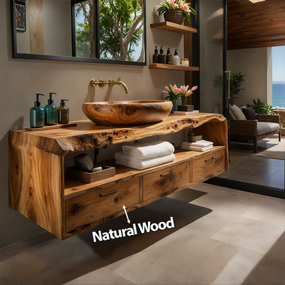 Live Edge Natural Solid Wood Floating Bathroom Vanity - Rustirawood