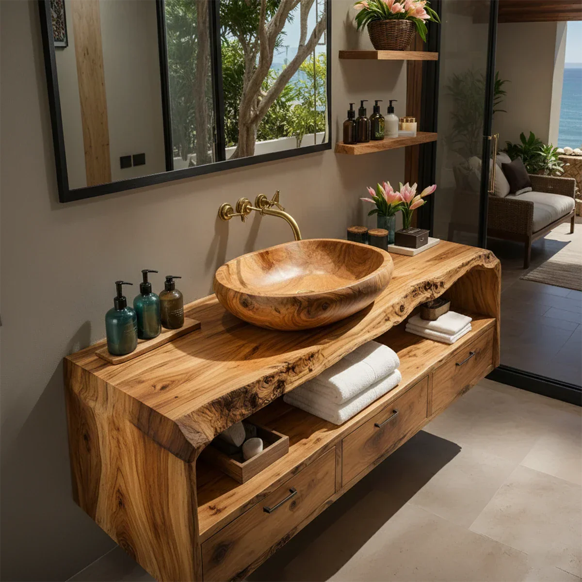 Live Edge Natural Solid Wood Floating Bathroom Vanity - Rustirawood
