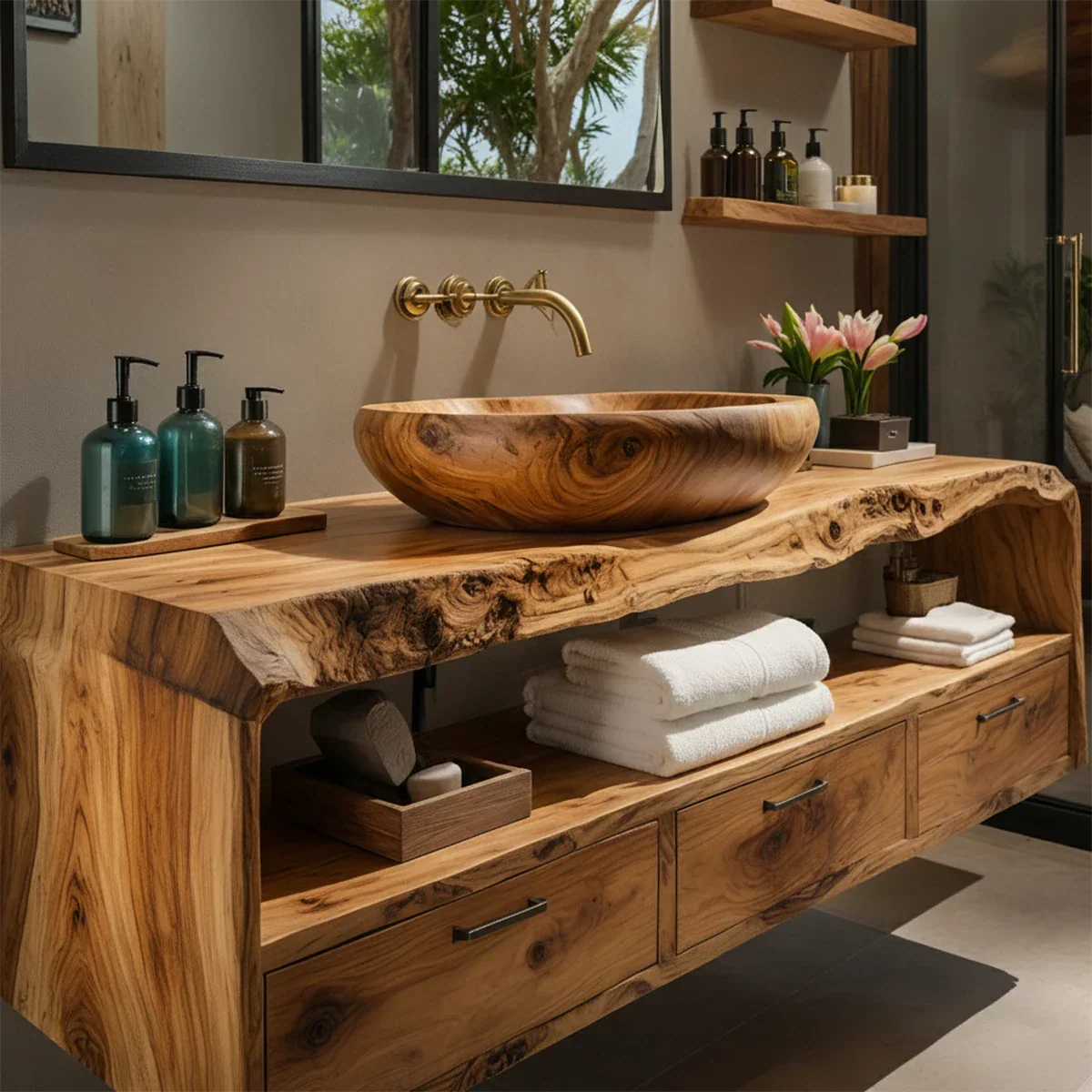 Live Edge Natural Solid Wood Floating Bathroom Vanity - Rustirawood