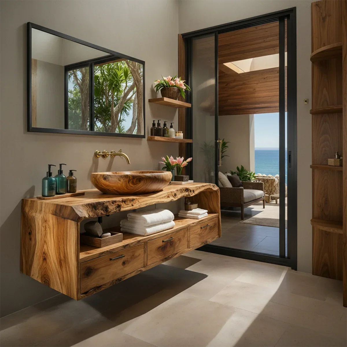 Live Edge Natural Solid Wood Floating Bathroom Vanity - Rustirawood