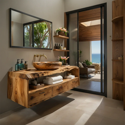 Live Edge Natural Solid Wood Floating Bathroom Vanity - Rustirawood