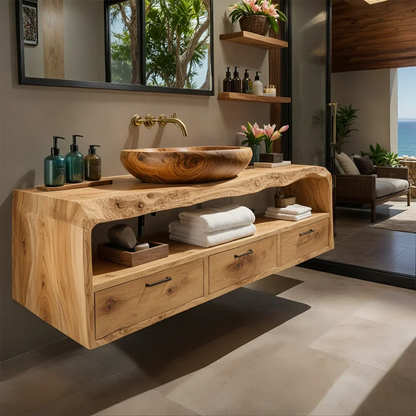 Live Edge Natural Solid Wood Floating Bathroom Vanity - Rustirawood