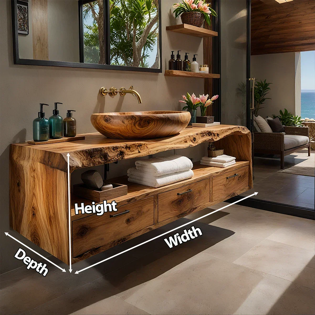 Live Edge Natural Solid Wood Floating Bathroom Vanity - Rustirawood