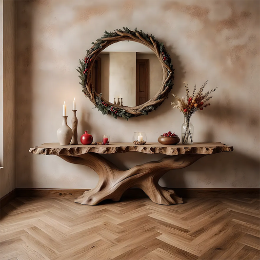 Live Edge Oak Console Table – Root Twist Sculptural Base - Rustira