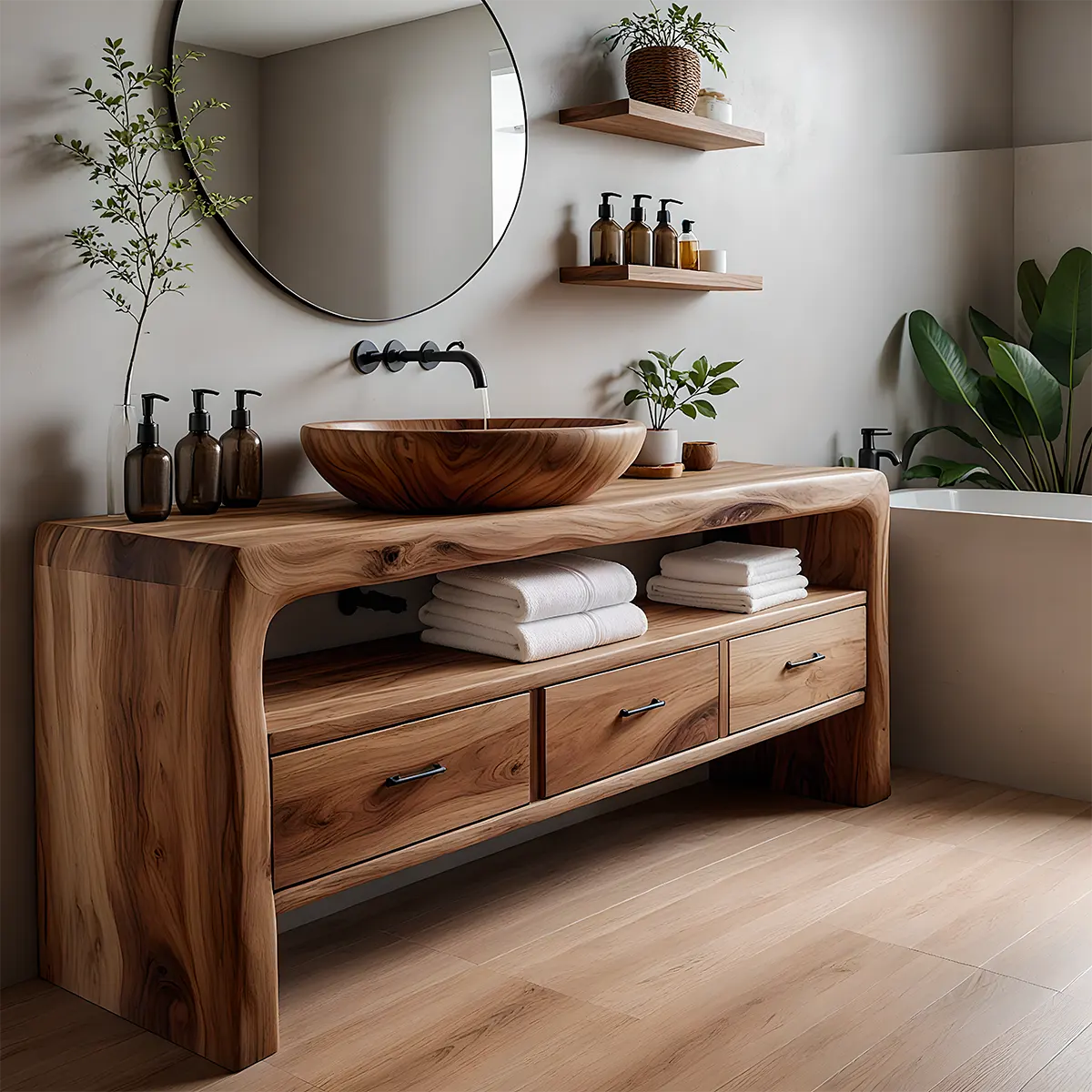 Live Edge Organic Solid Wood Bathroom Vanity With Drawers & Open Shelf - Rustira