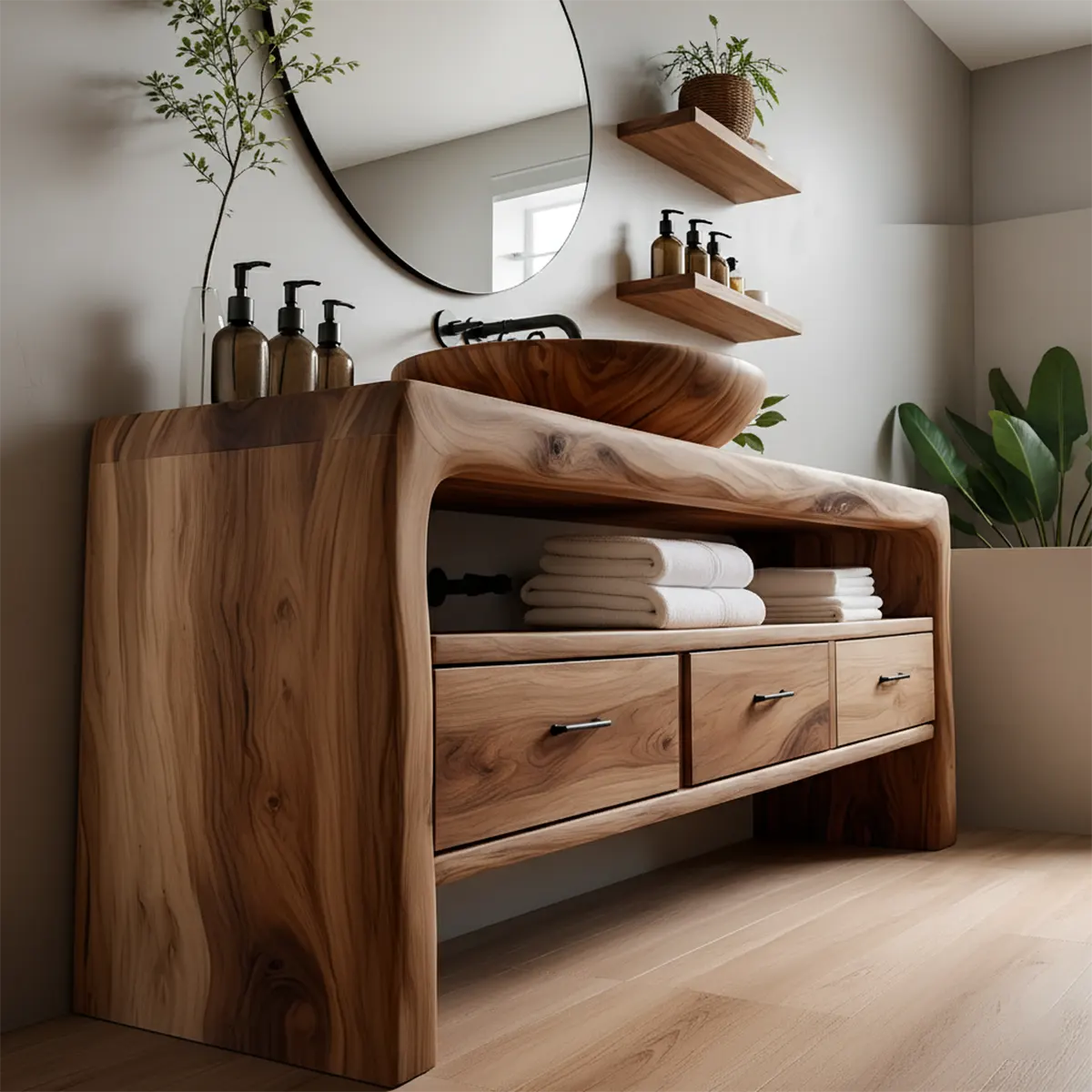 Live Edge Organic Solid Wood Bathroom Vanity With Drawers & Open Shelf - Rustira