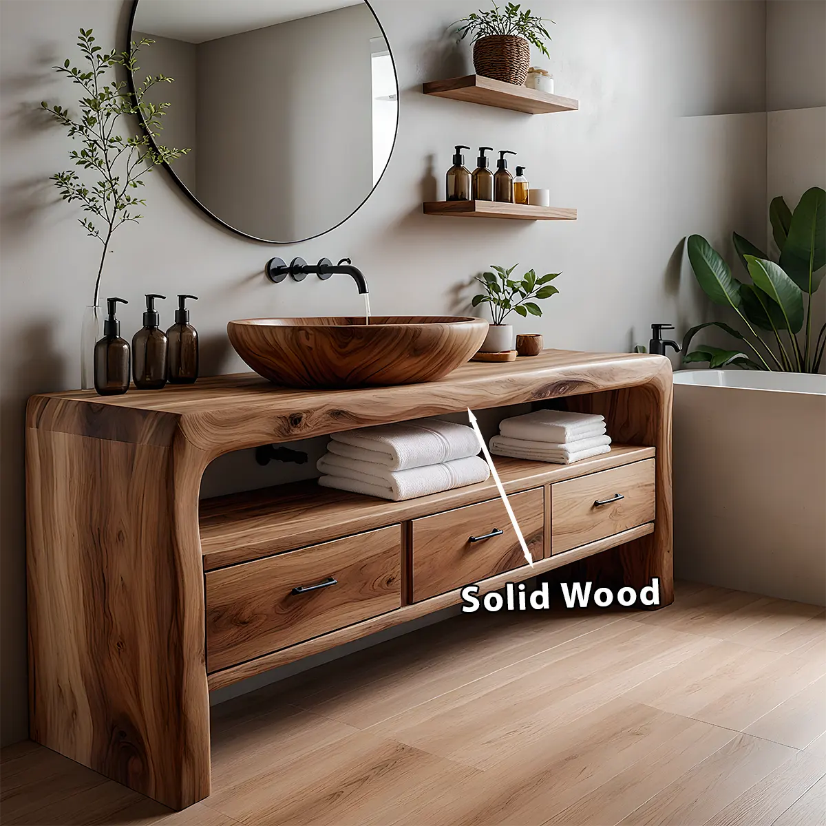 Live Edge Organic Solid Wood Bathroom Vanity With Drawers & Open Shelf - Rustira