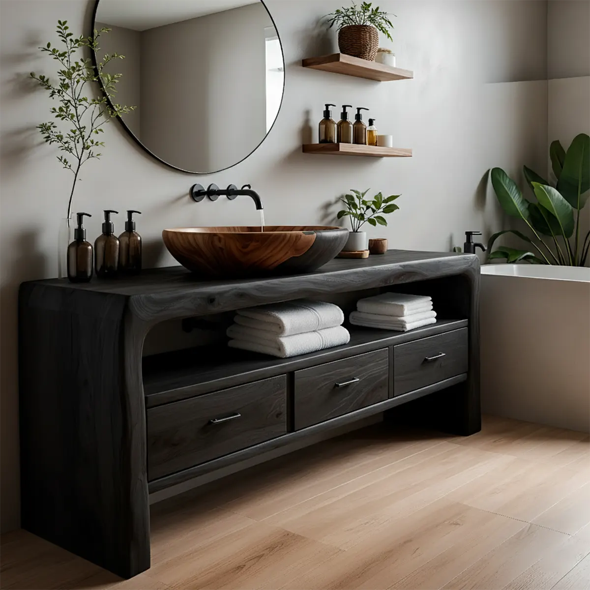 Live Edge Organic Solid Wood Bathroom Vanity With Drawers & Open Shelf - Rustira