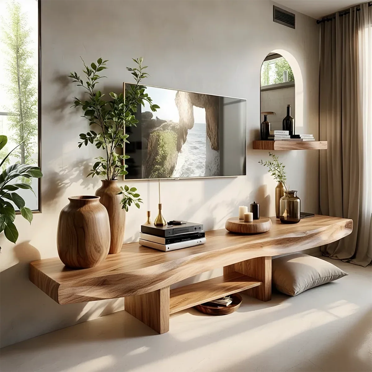 Live Edge Sculptural Wood Media Console - Organic Modern TV Stand - Rustira