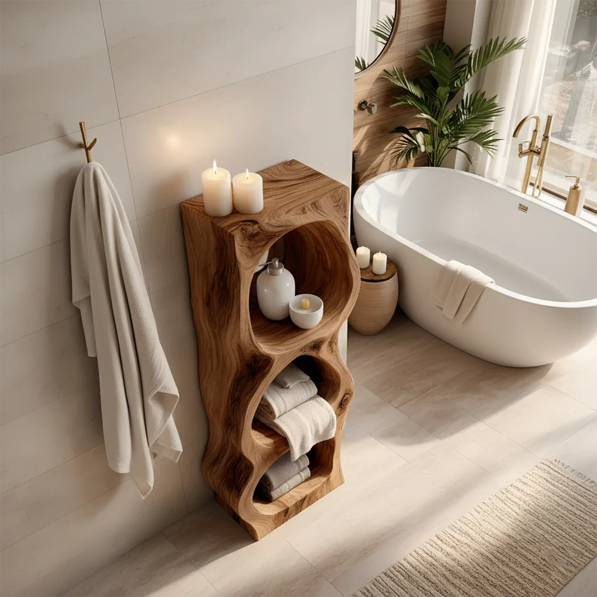 Live Edge Solid Wood Bathroom Storage Tower – Organic Carved Design - Rustira