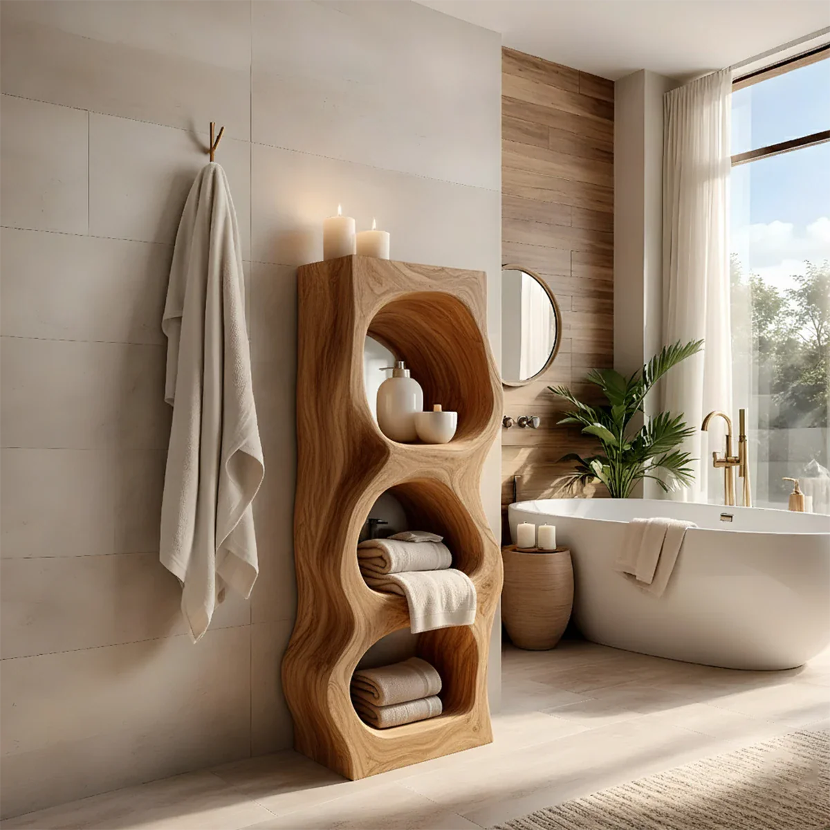 Live Edge Solid Wood Bathroom Storage Tower – Organic Carved Design - Rustira