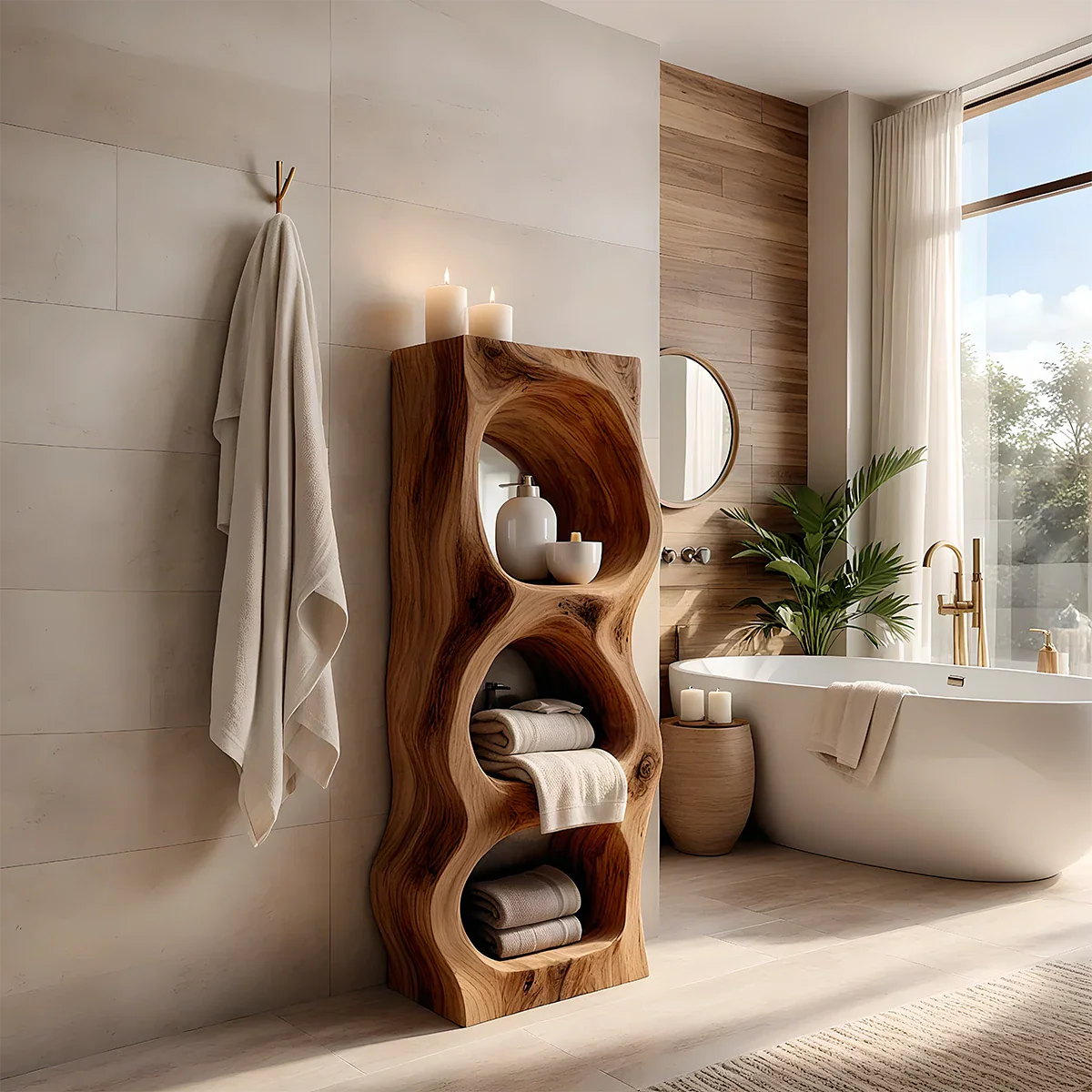Live Edge Solid Wood Bathroom Storage Tower – Organic Carved Design - Rustira