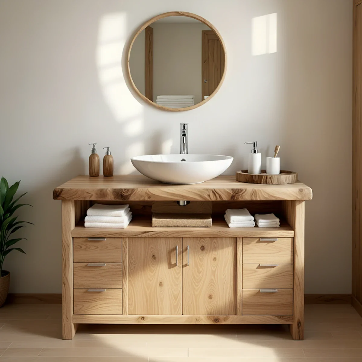 Live Edge Solid Wood Bathroom Vanity – Japandi Organic Design - Rustira