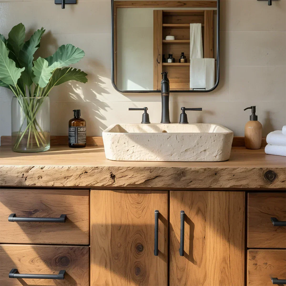 Live Edge Solid Wood Bathroom Vanity – Rustic Wabi-Sabi Cabinet - Rustirawood