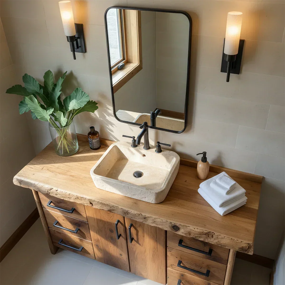 Live Edge Solid Wood Bathroom Vanity – Rustic Wabi-Sabi Cabinet - Rustirawood