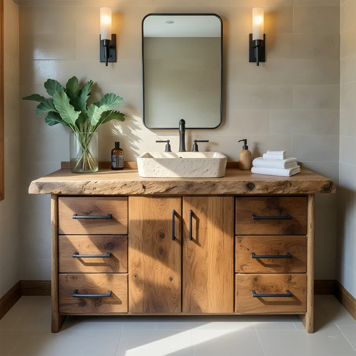 Live Edge Solid Wood Bathroom Vanity – Rustic Wabi-Sabi Cabinet - Rustira