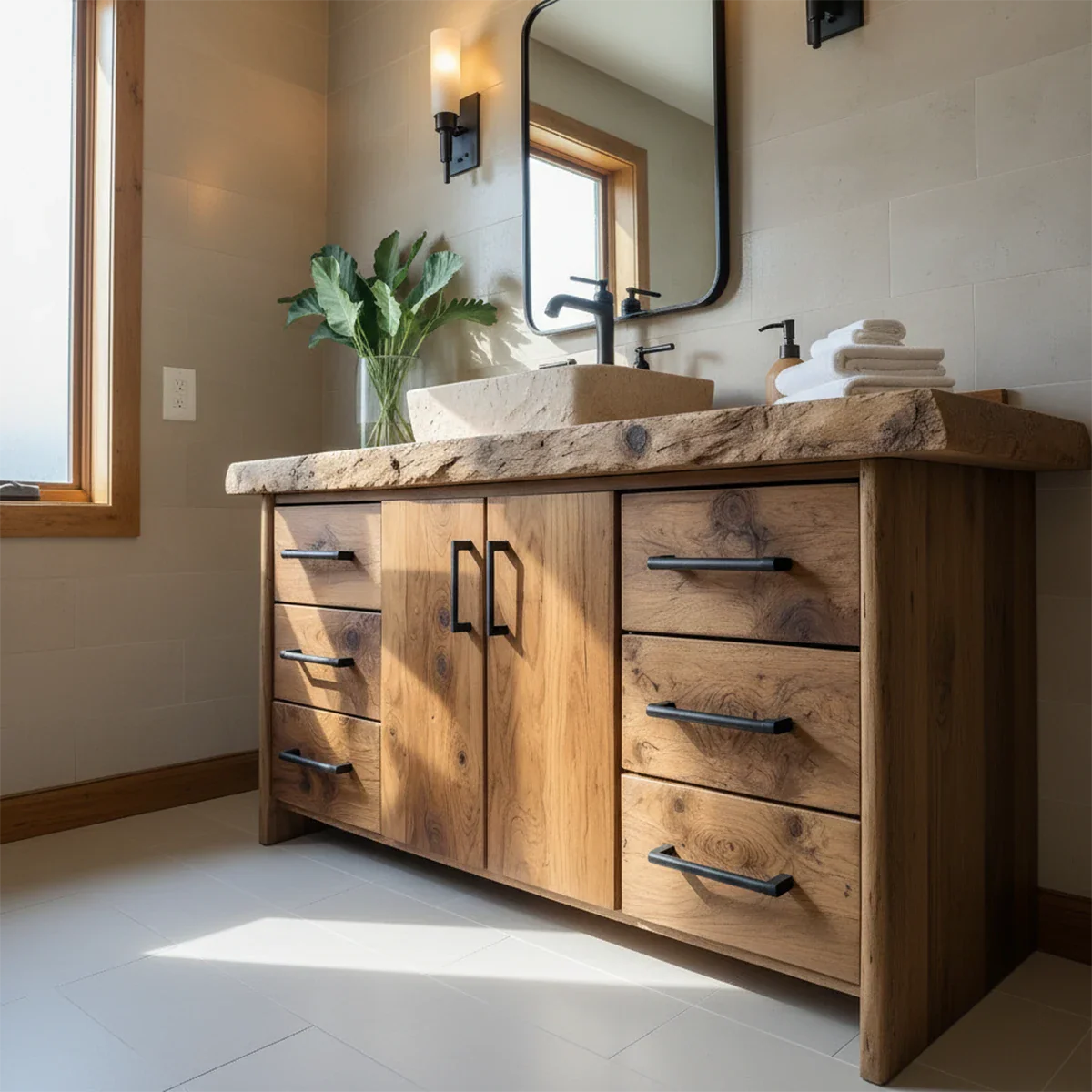 Live Edge Solid Wood Bathroom Vanity – Rustic Wabi-Sabi Cabinet - Rustira