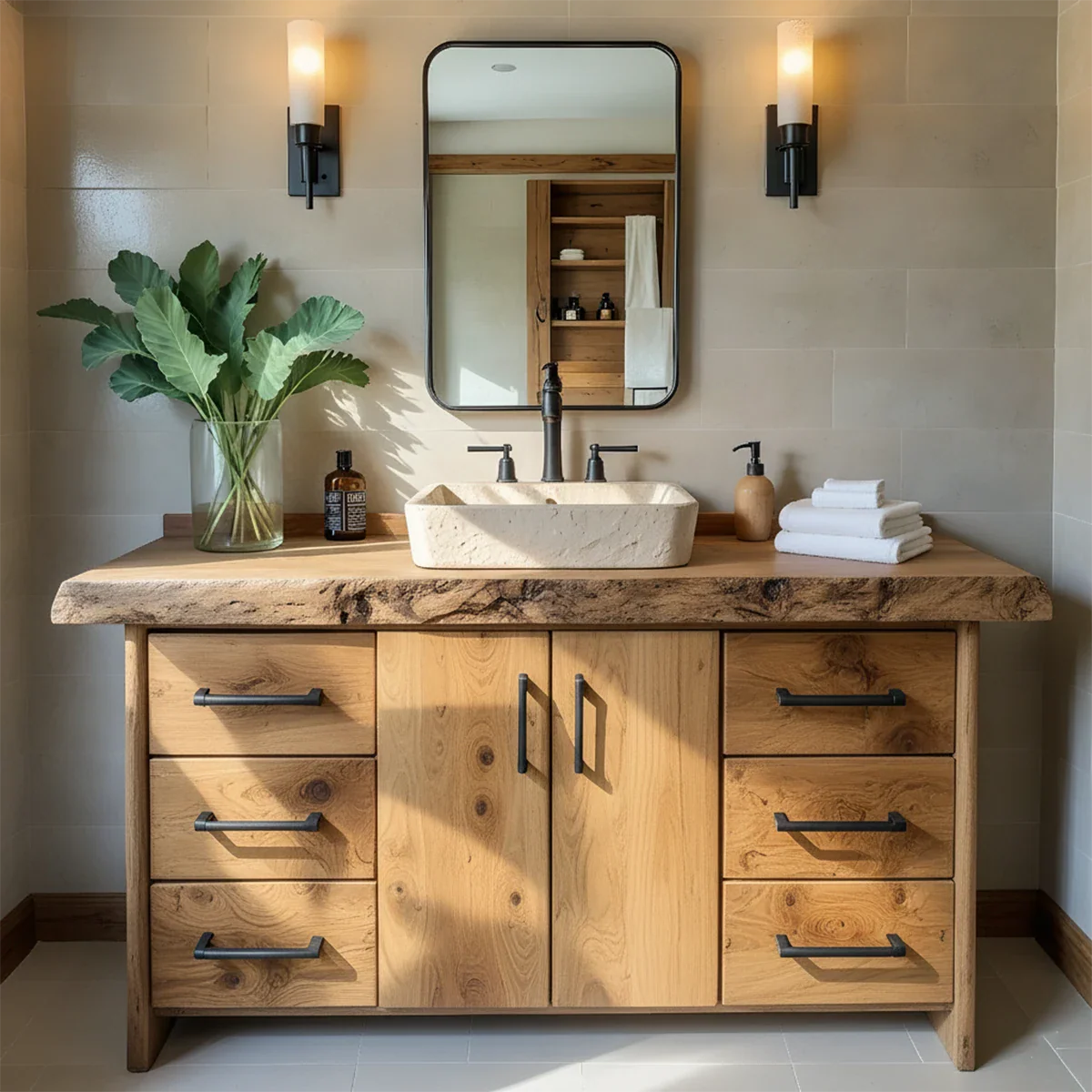 Live Edge Solid Wood Bathroom Vanity – Rustic Wabi-Sabi Cabinet - Rustira