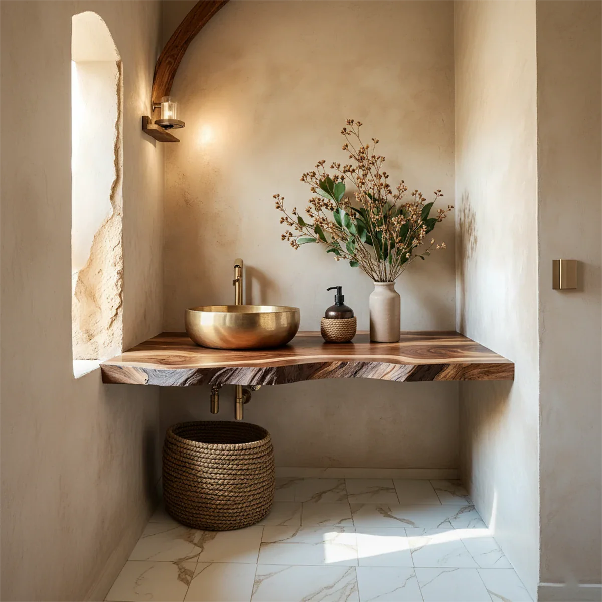 Live Edge Solid Wood Bathroom Vanity Shelf – Custom Floating Slab - Rustira