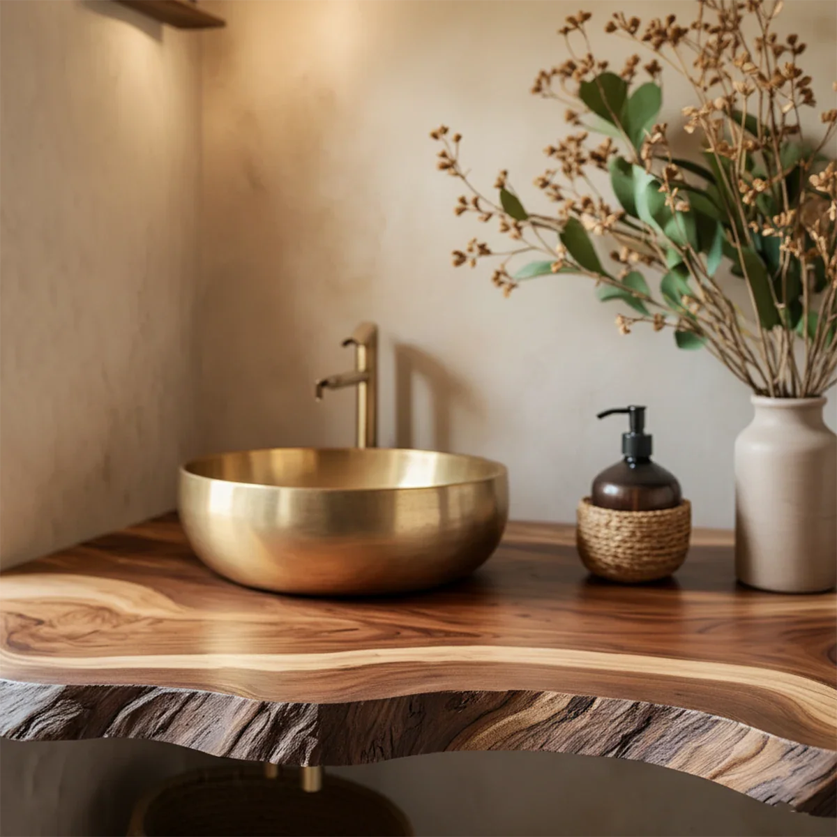 Live Edge Solid Wood Bathroom Vanity Shelf – Custom Floating Slab - Rustira