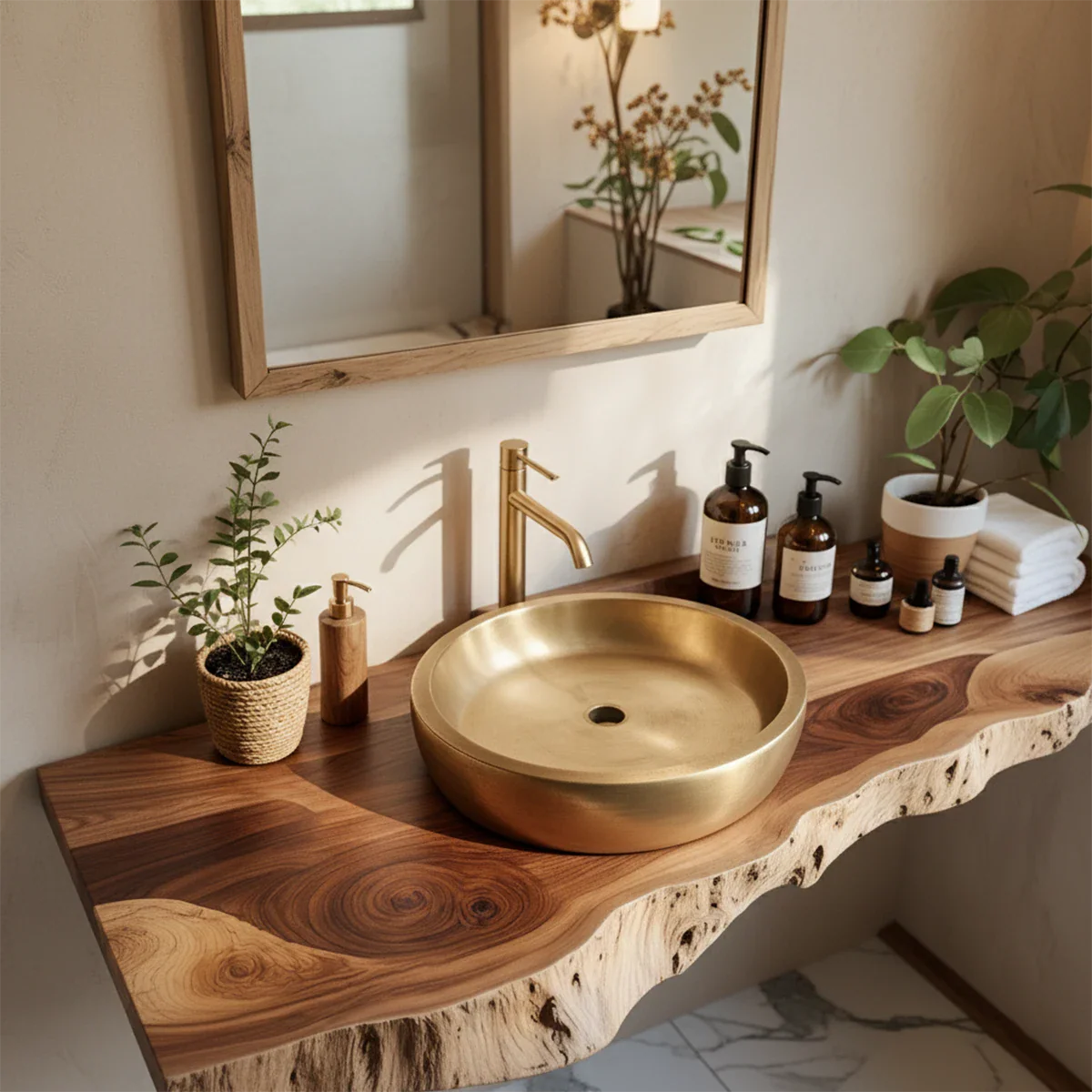 Live Edge Solid Wood Bathroom Vanity Shelf | Organic Natural Design - Rustira