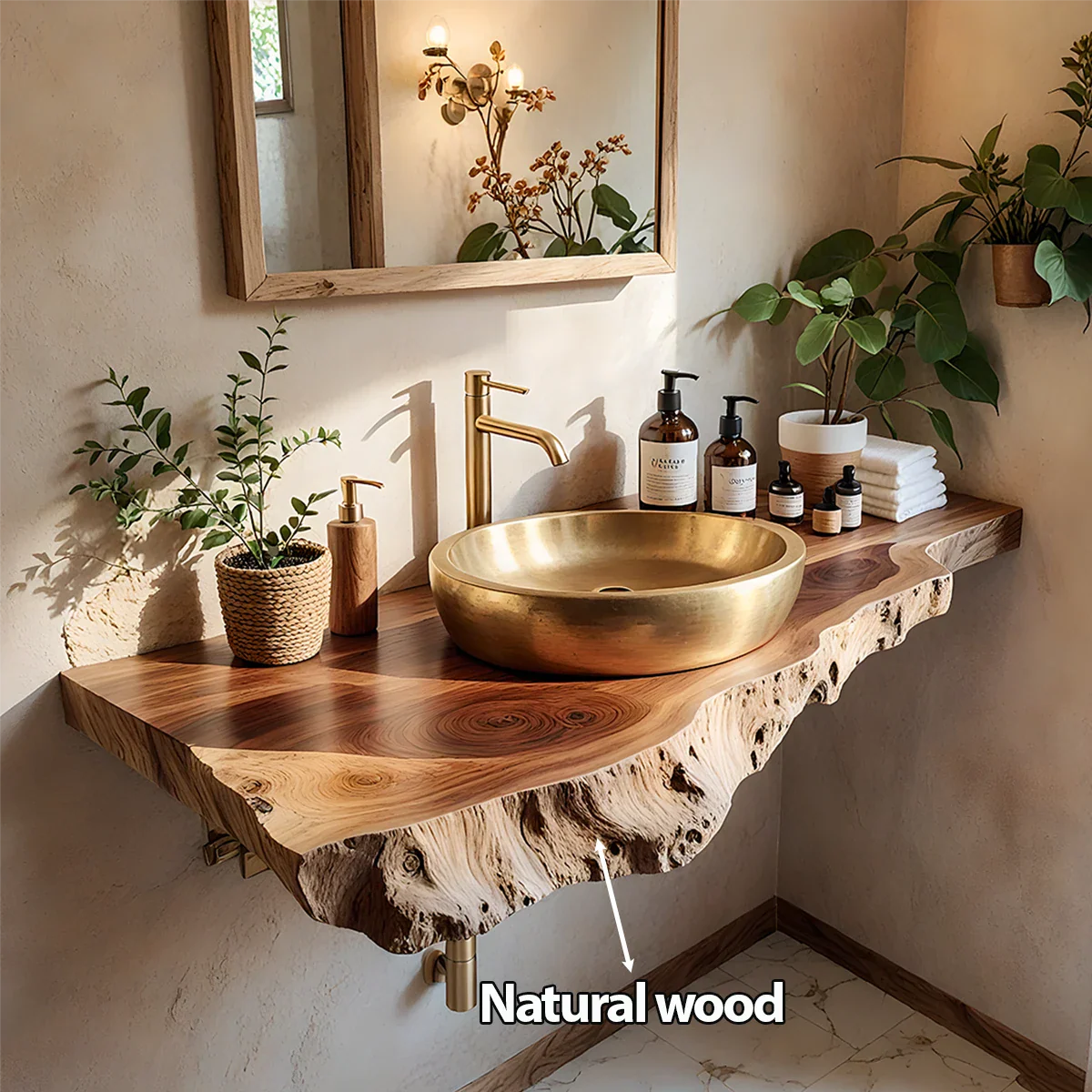 Live Edge Solid Wood Bathroom Vanity Shelf | Organic Natural Design - Rustira