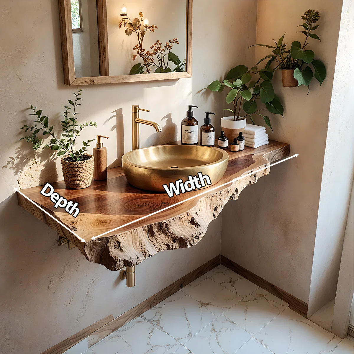 Live Edge Solid Wood Bathroom Vanity Shelf | Organic Natural Design - Rustira