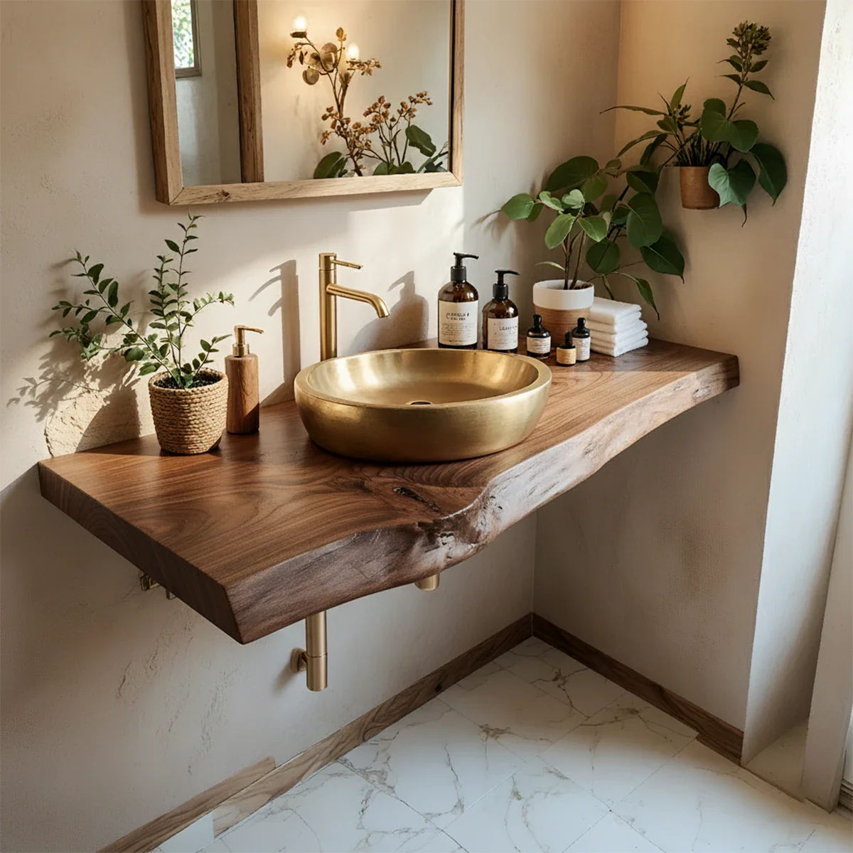 Live Edge Solid Wood Bathroom Vanity Shelf | Organic Natural Design - Rustira