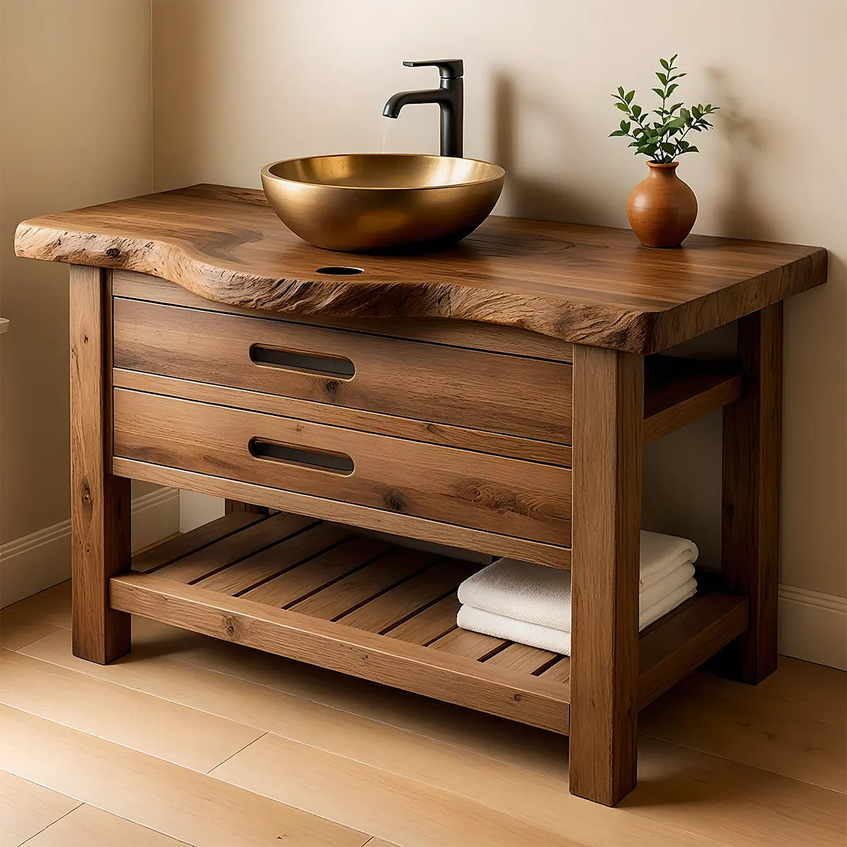 Live Edge Solid Wood Bathroom Vanity With Drawers & Open Shelf - Rustira