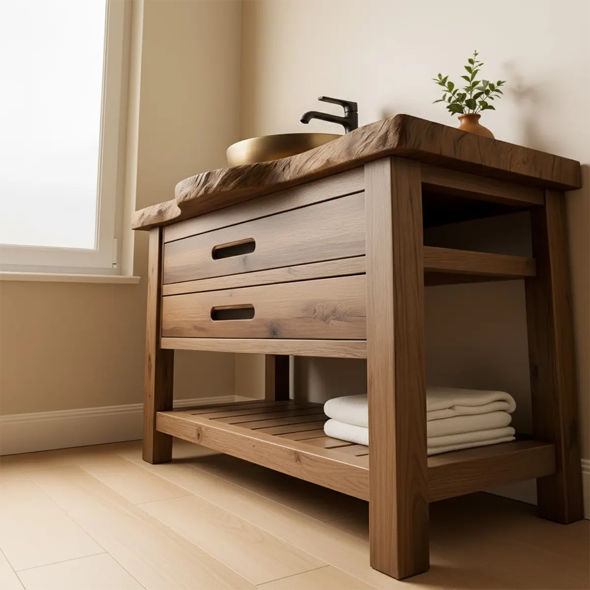 Live Edge Solid Wood Bathroom Vanity With Drawers & Open Shelf - Rustira