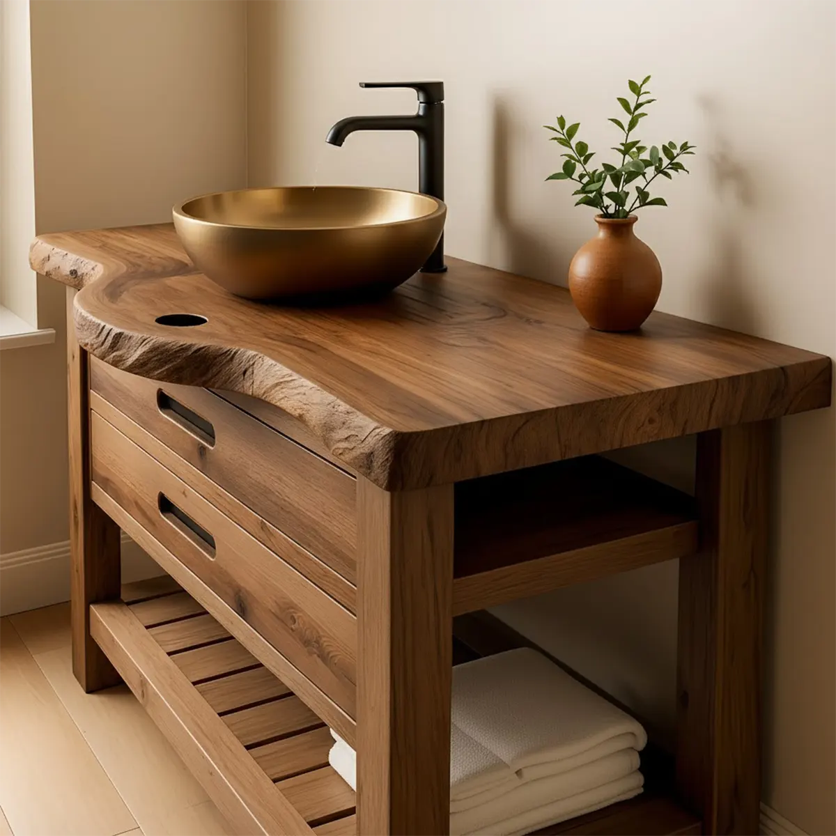 Live Edge Solid Wood Bathroom Vanity With Drawers & Open Shelf - Rustira