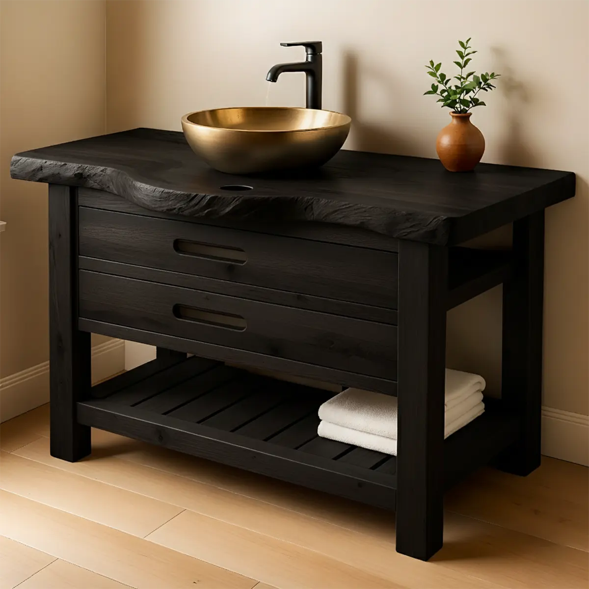 Live Edge Solid Wood Bathroom Vanity With Drawers & Open Shelf - Rustira