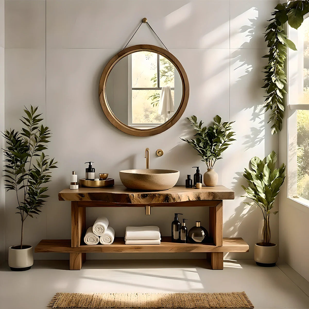 Live Edge Solid Wood Bathroom Vanity with Open Shelf – Handmade - Rustira