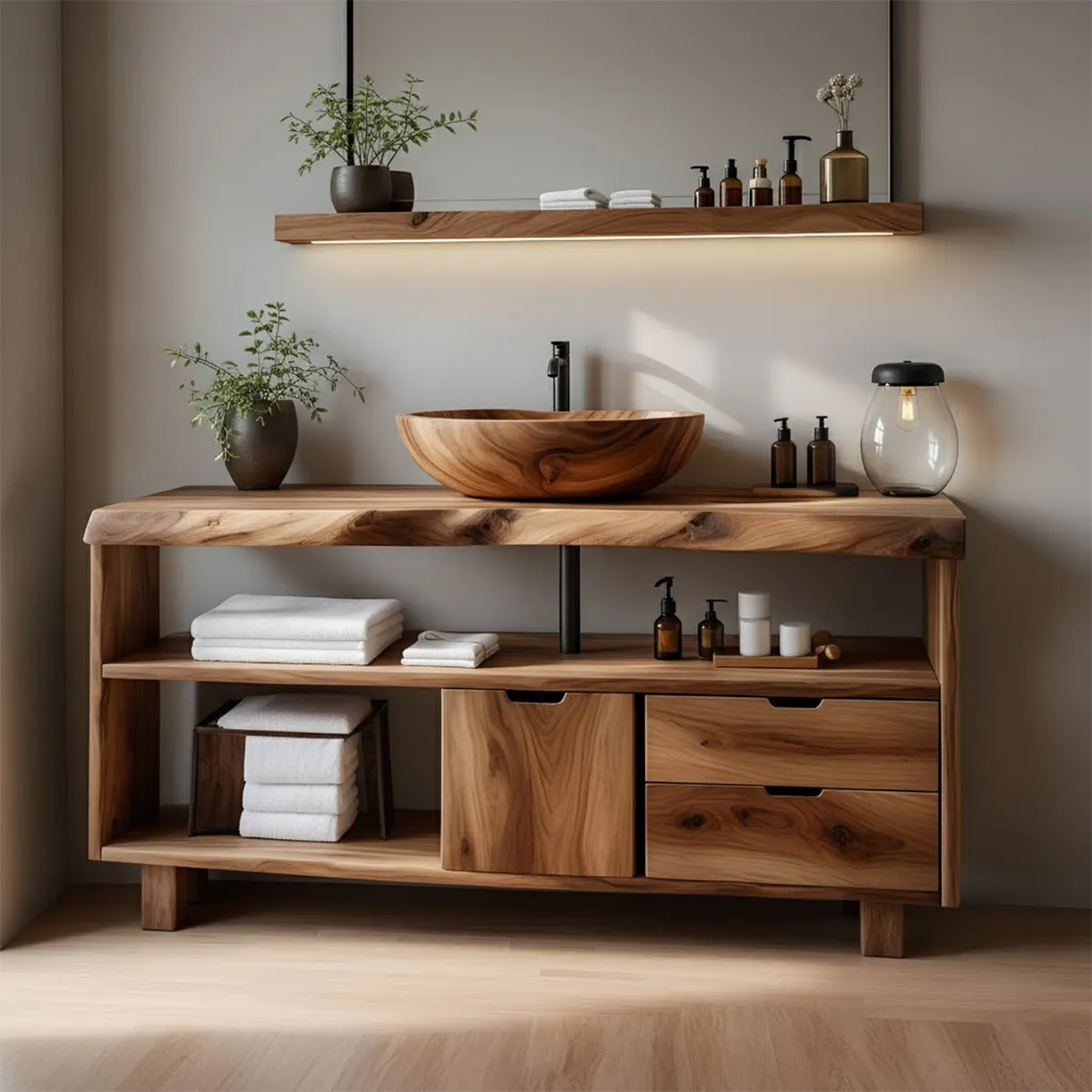 Live Edge Solid Wood Bathroom Vanity with Open Shelves & Drawers - Rustira