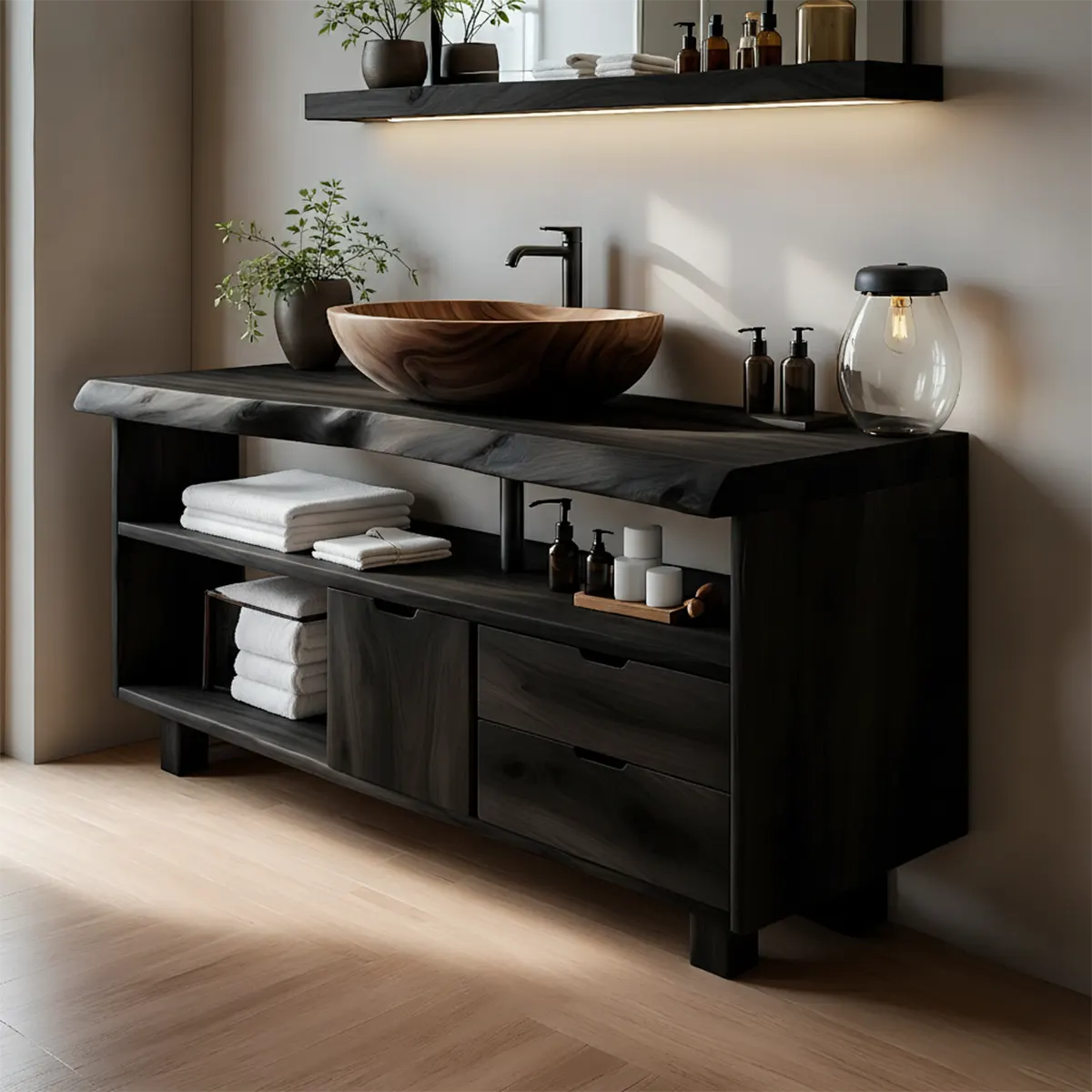 Live Edge Solid Wood Bathroom Vanity with Open Shelves & Drawers - Rustira