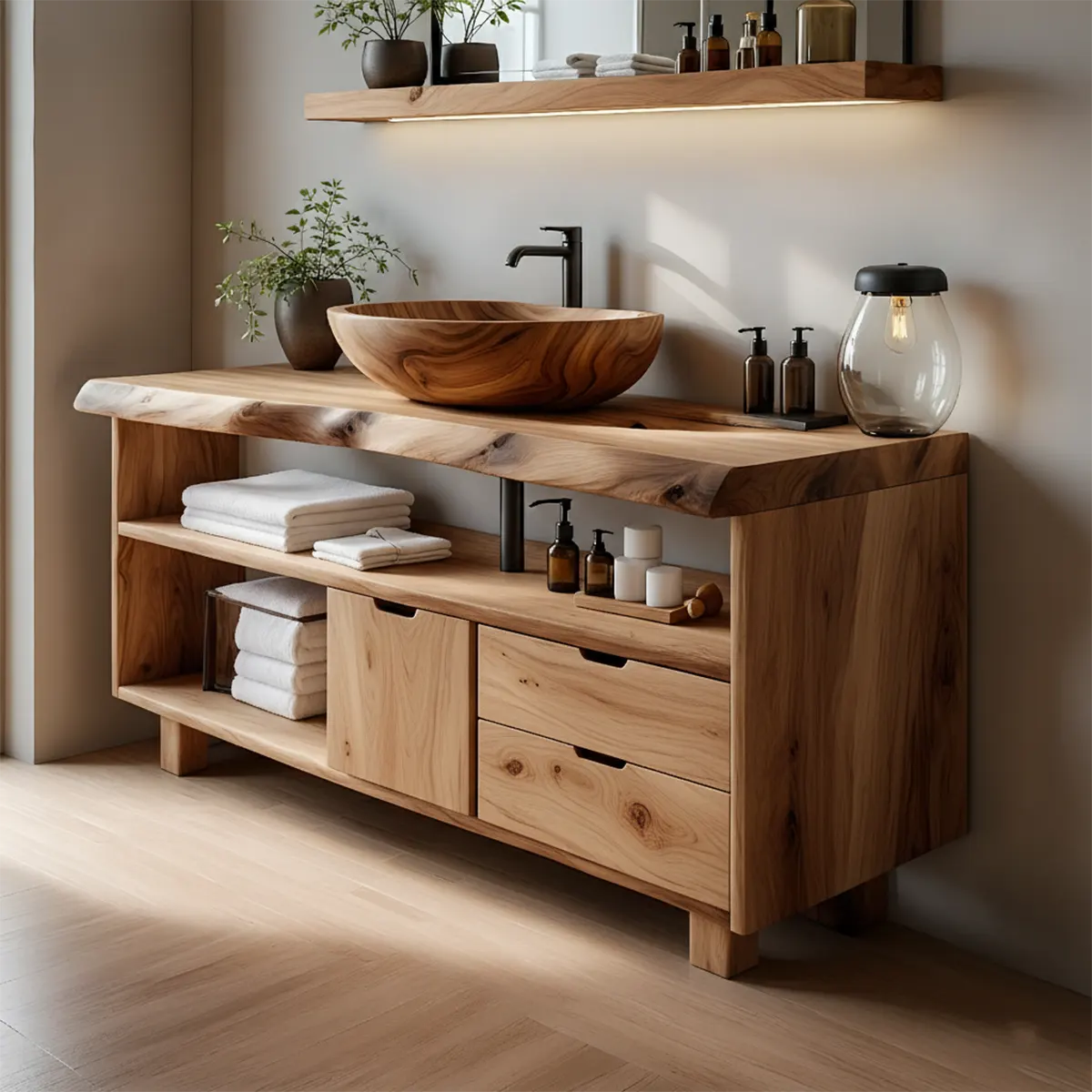 Live Edge Solid Wood Bathroom Vanity with Open Shelves & Drawers - Rustira
