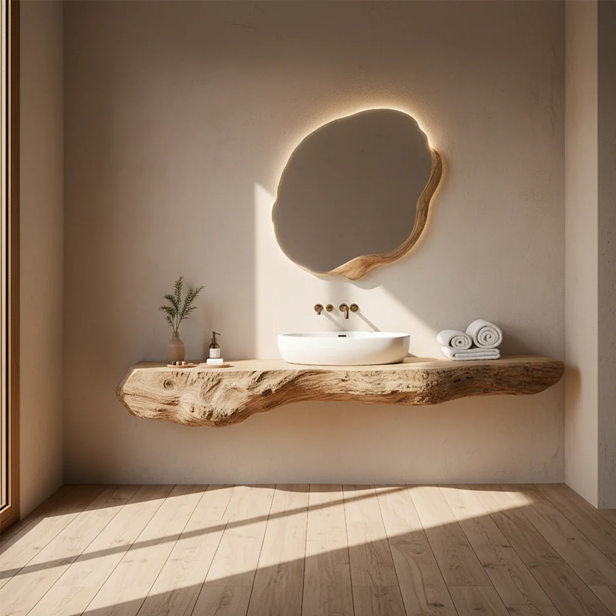 Live Edge Solid Wood Floating Vanity with Organic Mirror - Rustira