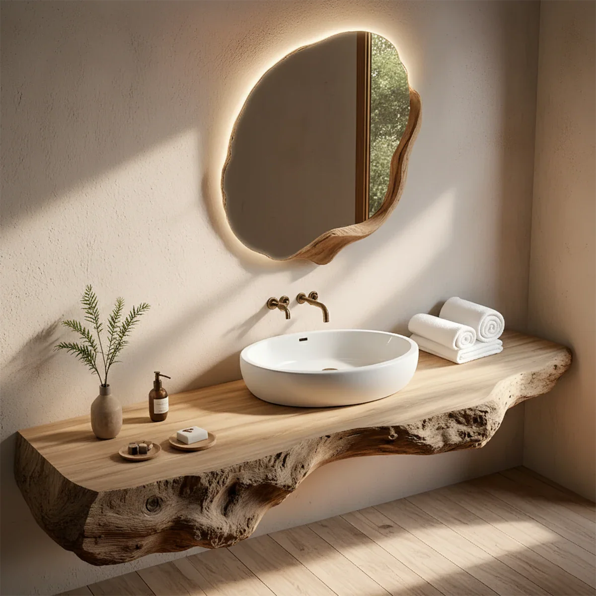 Live Edge Solid Wood Floating Vanity with Organic Mirror - Rustira